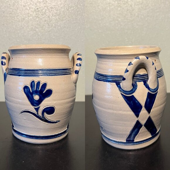 Vtg Williamsburg Pottery Double-Handled Salt Glaze Crock w/ Cobalt Blue Designs - Picture 1 of 16